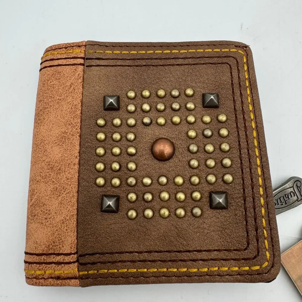 Justin RFID Western Bi-Fold Wallet Brown Studded Leather NWT